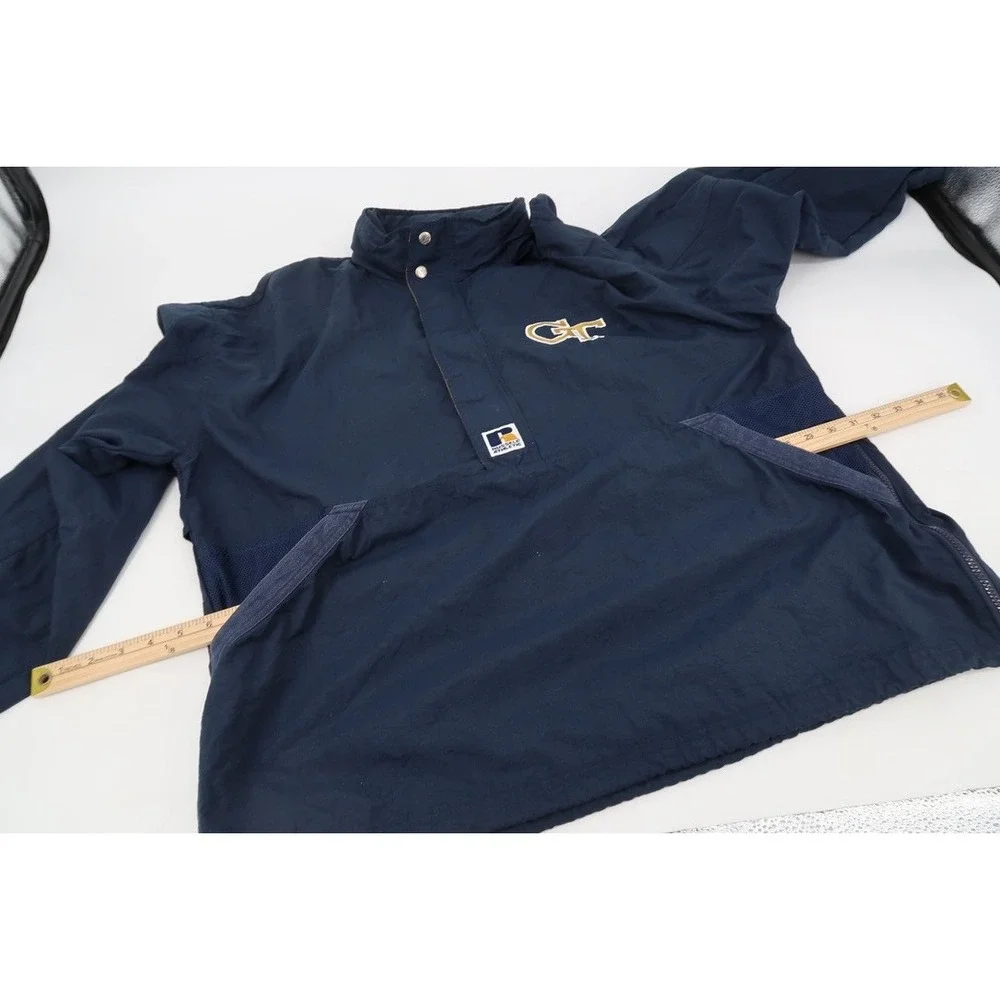 Vintage 90s Georgia Tech‎ Mens Large 1/2 Zip Jacket Hood Russell Athletic Navy